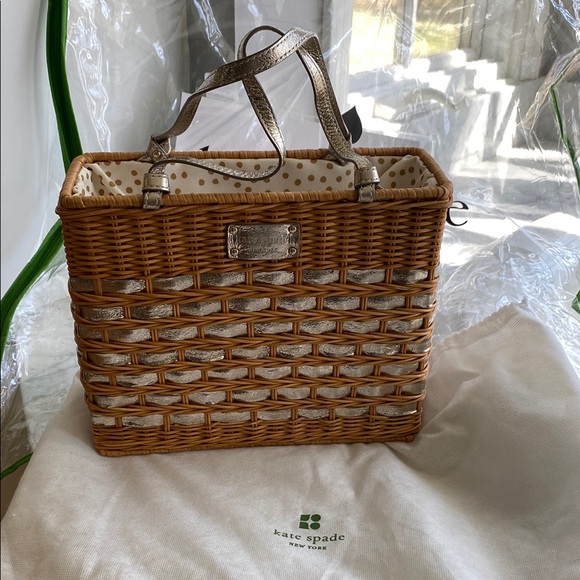 KATE SPADE ♠️ Wicker Basket Handbag Quinn WKRU1096 Edgartown Natural White Gold - Picture 14 of 16